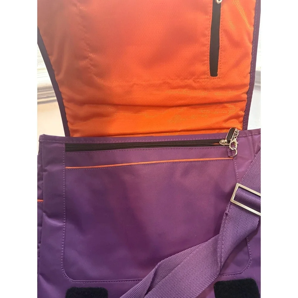 Purple Messenger Bag with Orange Lining Crown Logo Nylon Laptop Crossbody Strap